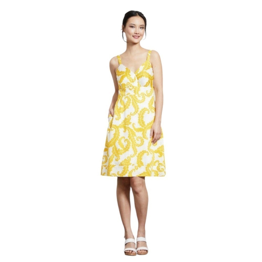 Boden Nicole Sundress Yellow And White Tropical Leaf Cotton Summer Shift Size 8